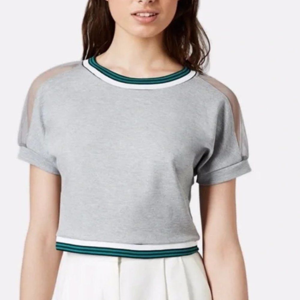 Topshop Gray Contrast Trim Mesh Shoulder Top Size 6
